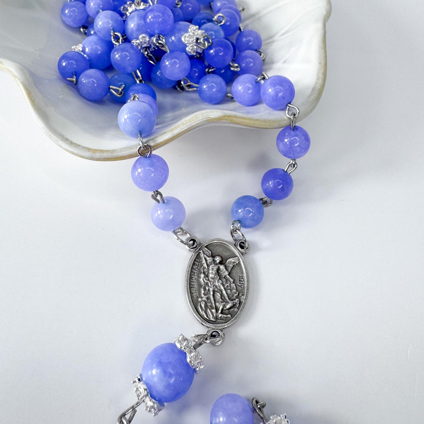 St. Michael the Archangel Blue Angelite Beaded Rosary