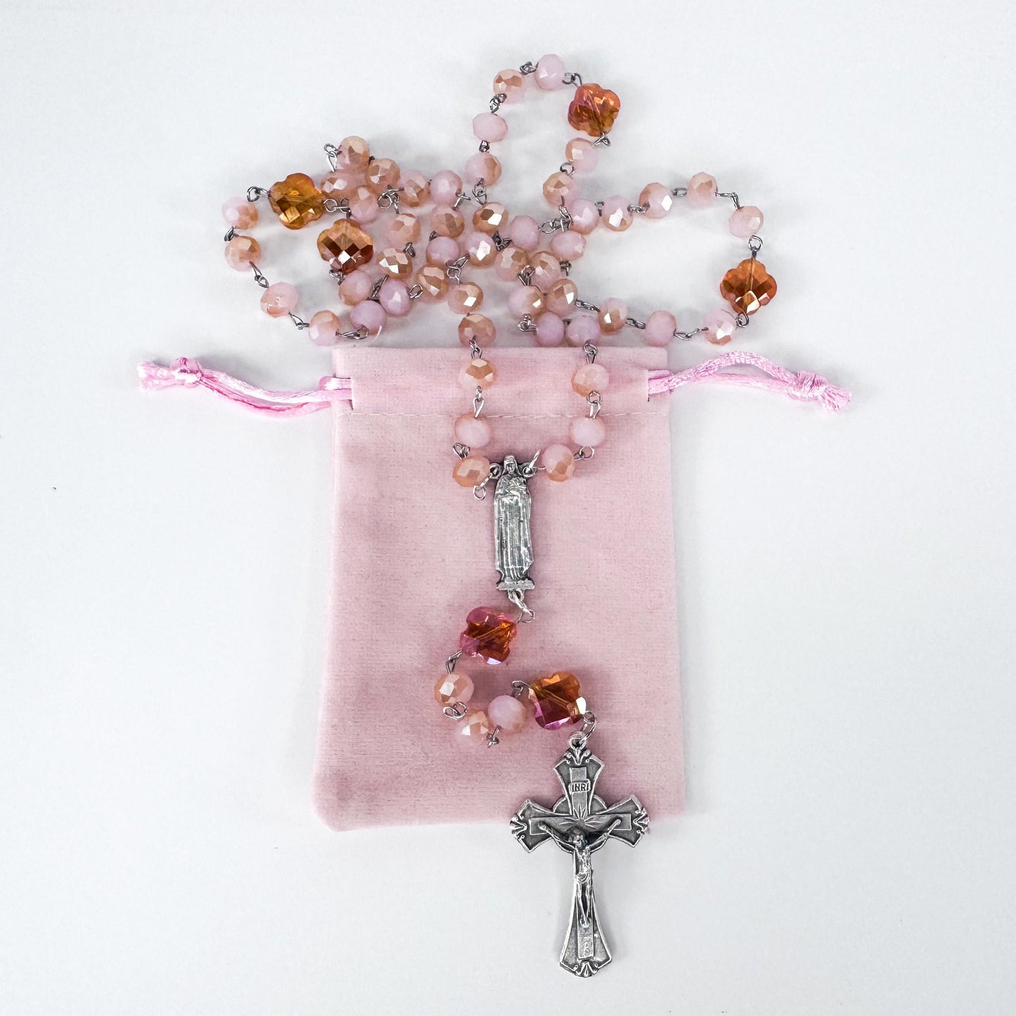St Therese of Lisieux Devotional Rosary Set, Rose Crystal Beaded Necklace, Little Flower Catholic Stickers, Handmade Catholic Gifts for Her