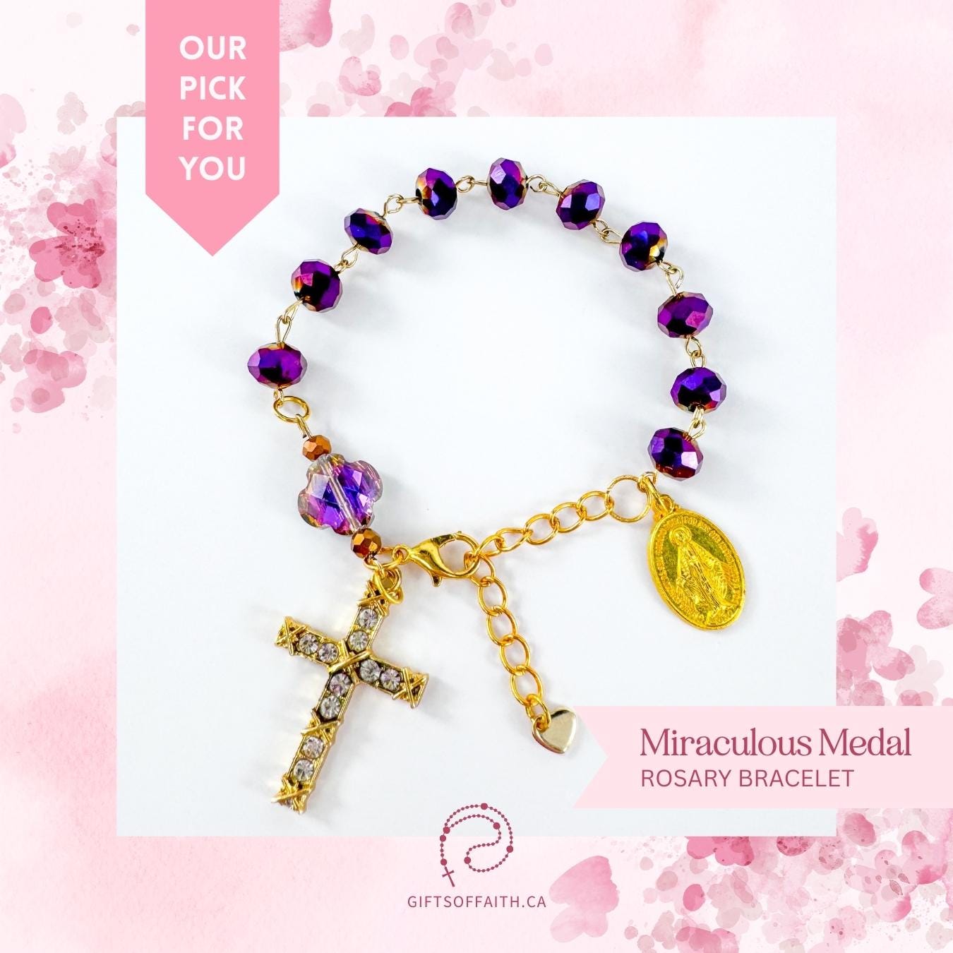 Catholic Rosary Gift Set – Gold Crystal Beads, Miraculous Medal Centerpiece with Matching Four-Way Medal Marker, RCIA Gifts for Adults