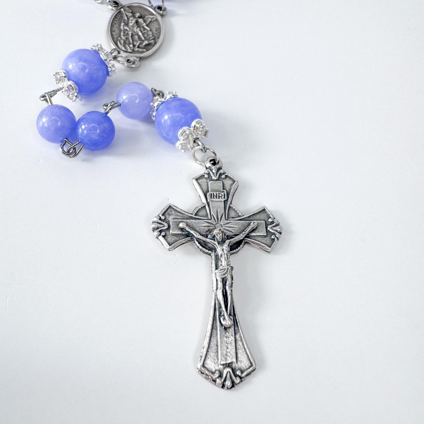 St. Michael the Archangel Blue Angelite Beaded Rosary