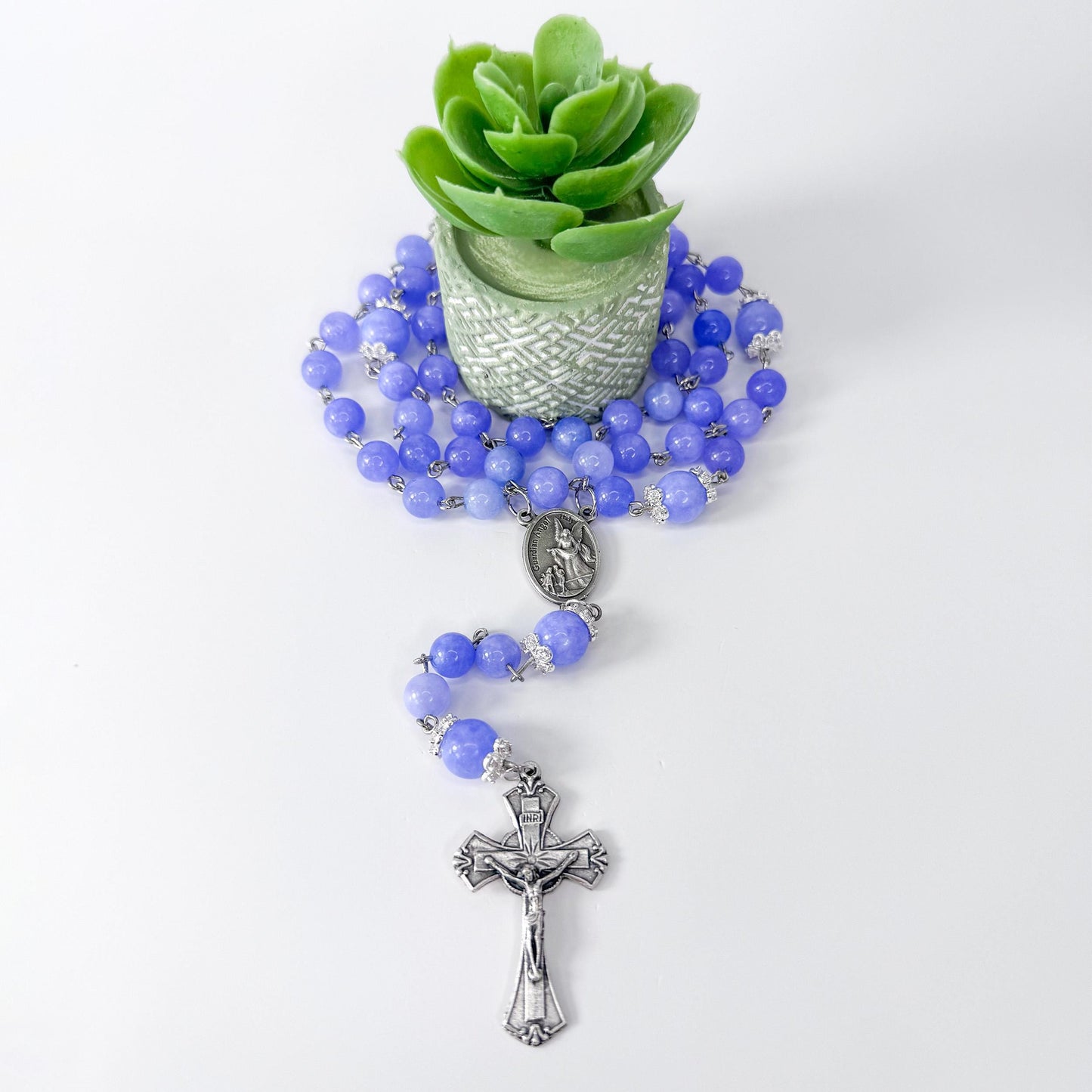 St. Michael the Archangel Blue Angelite Beaded Rosary