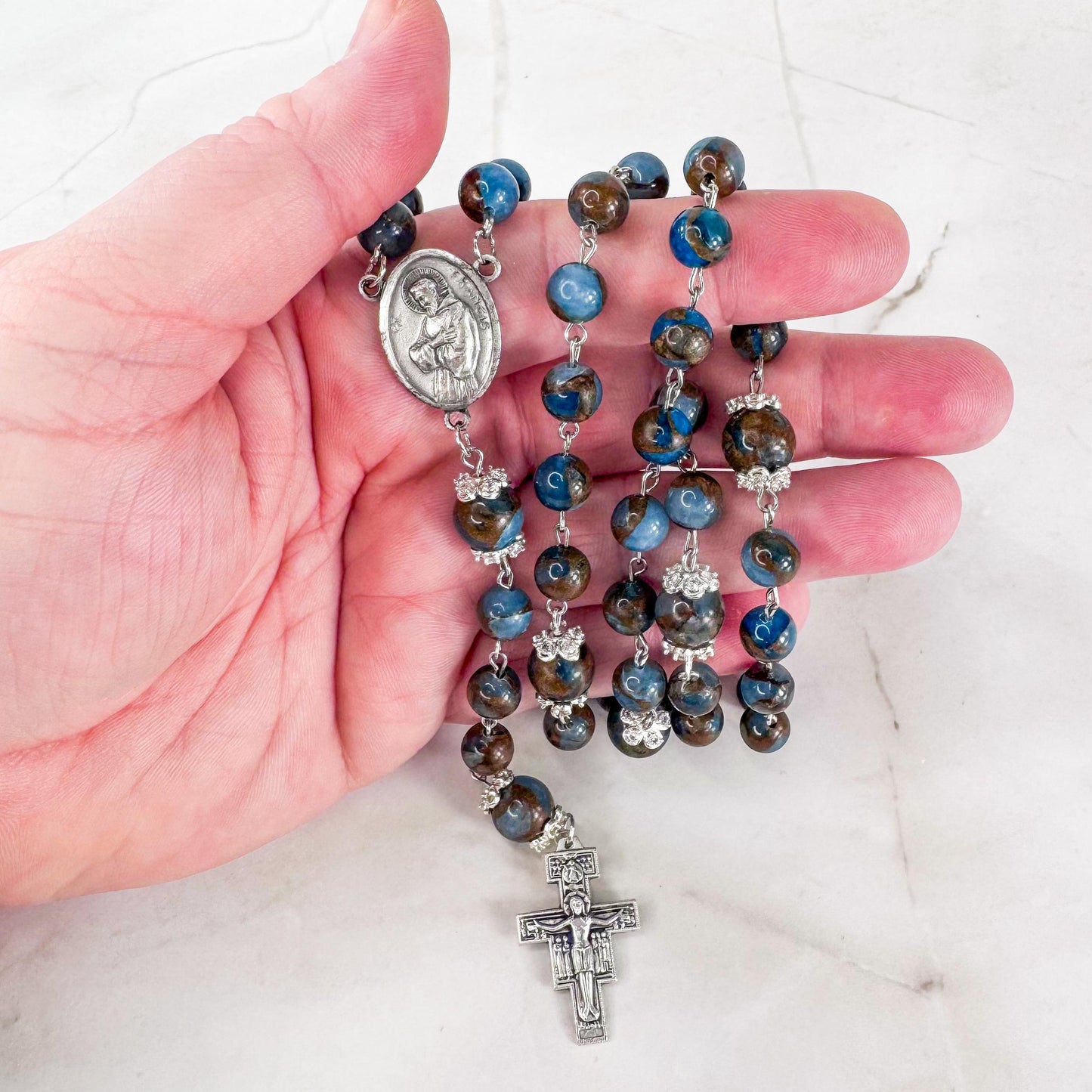 St Francis of Assisi Blue Cloisonne Jasper Beaded Rosary