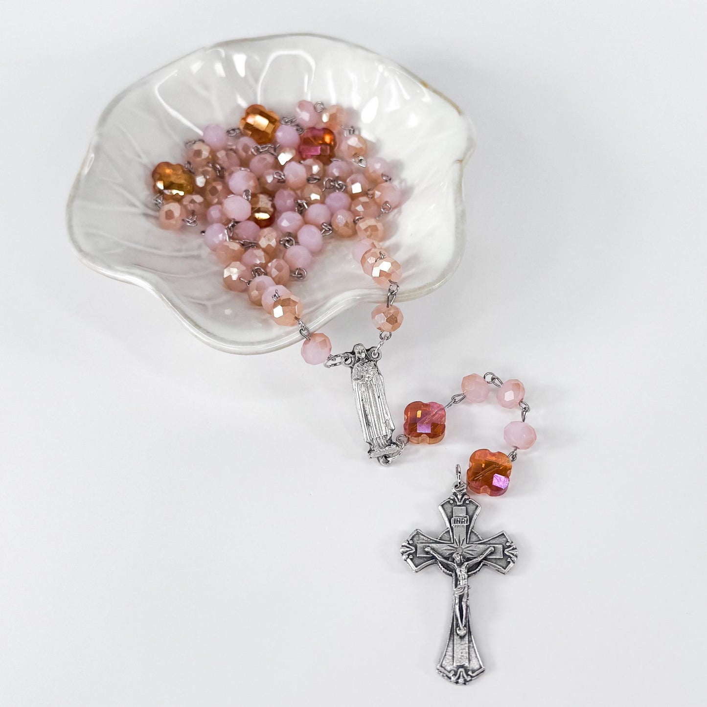 St Therese of Lisieux Devotional Rosary Set, Rose Crystal Beaded Necklace, Little Flower Catholic Stickers, Handmade Catholic Gifts for Her