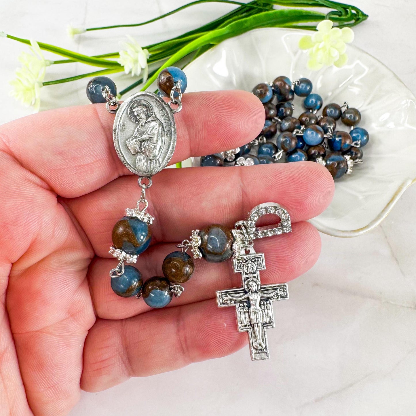 St Francis of Assisi Blue Cloisonne Jasper Beaded Rosary