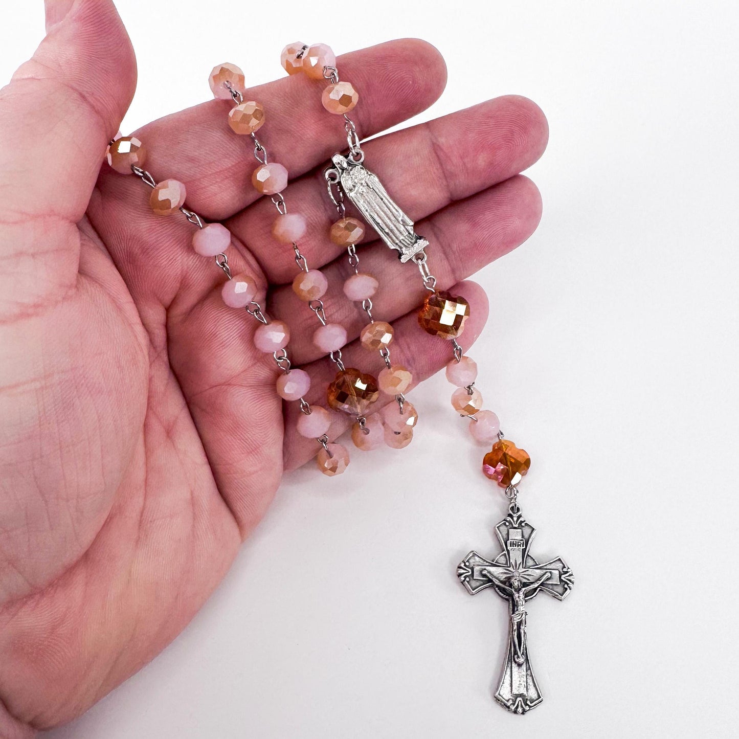 St Therese of Lisieux Devotional Rosary Set, Rose Crystal Beaded Necklace, Little Flower Catholic Stickers, Handmade Catholic Gifts for Her