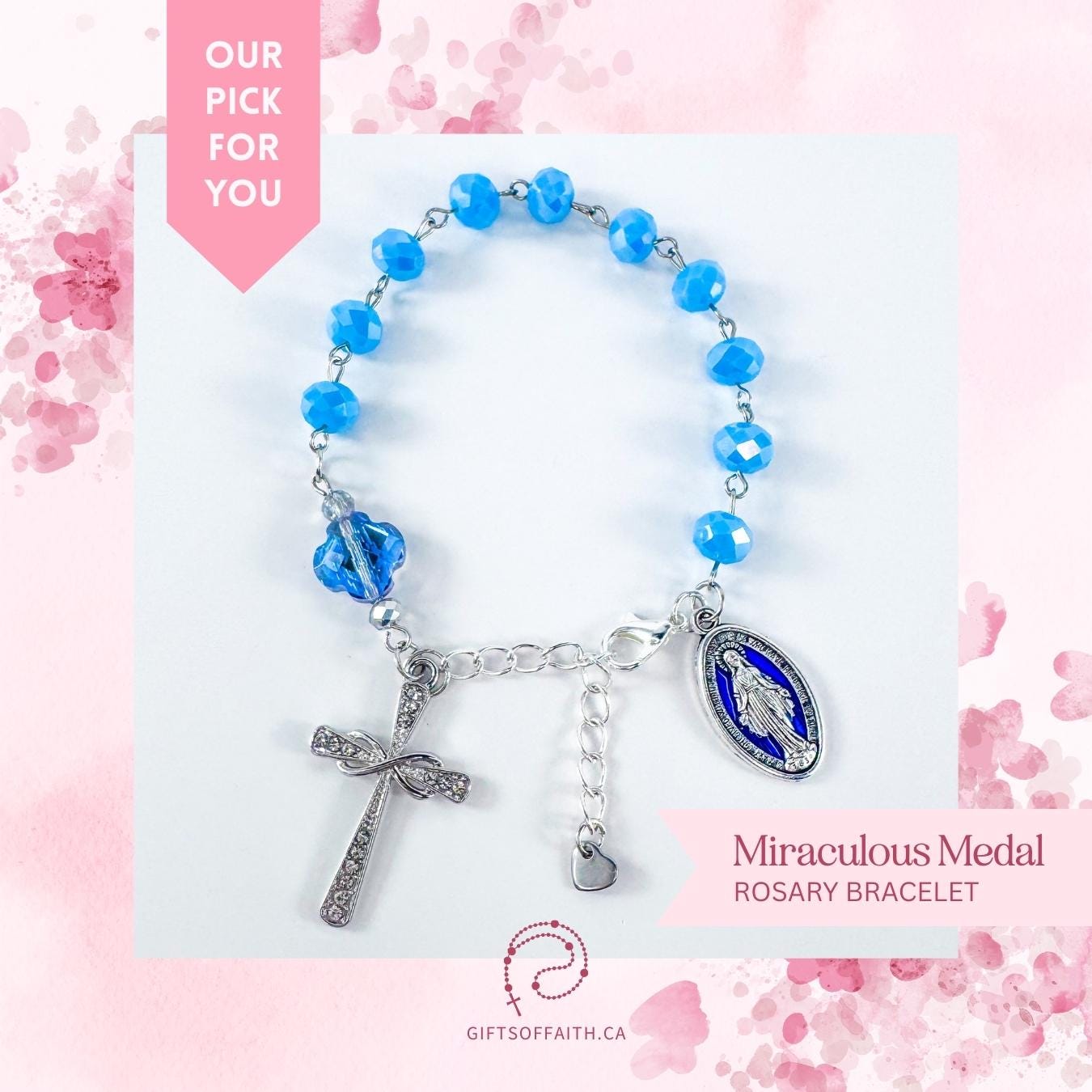 Catholic Rosary Gift Set – Light Blue Crystal Beads, Miraculous Medal Centerpiece with Matching Four-Way Medal Marker, RCIA Gifts for Adults
