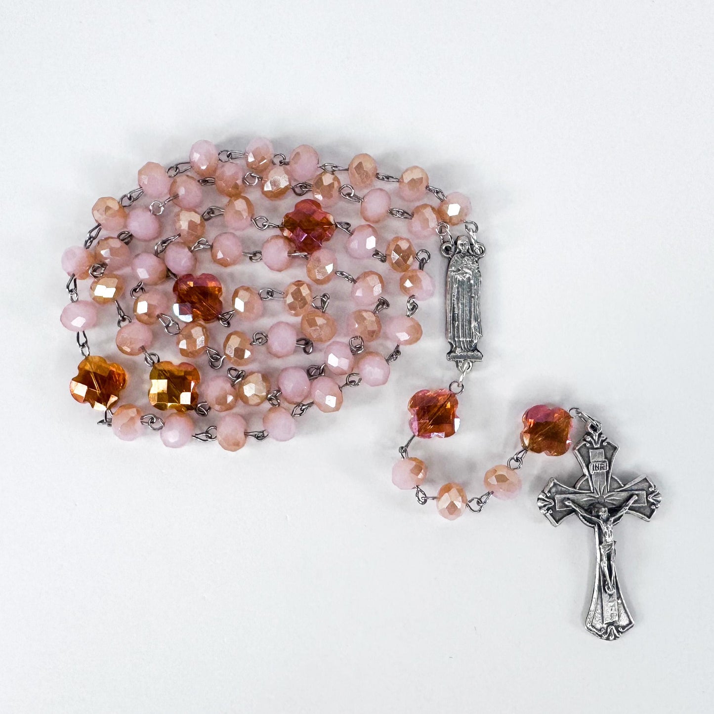 St Therese of Lisieux Devotional Rosary Set, Rose Crystal Beaded Necklace, Little Flower Catholic Stickers, Handmade Catholic Gifts for Her