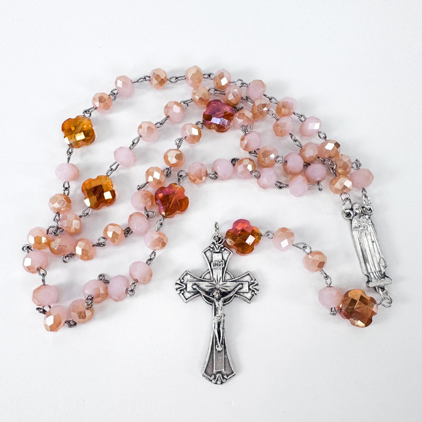 St Therese of Lisieux Devotional Rosary Set, Rose Crystal Beaded Necklace, Little Flower Catholic Stickers, Handmade Catholic Gifts for Her