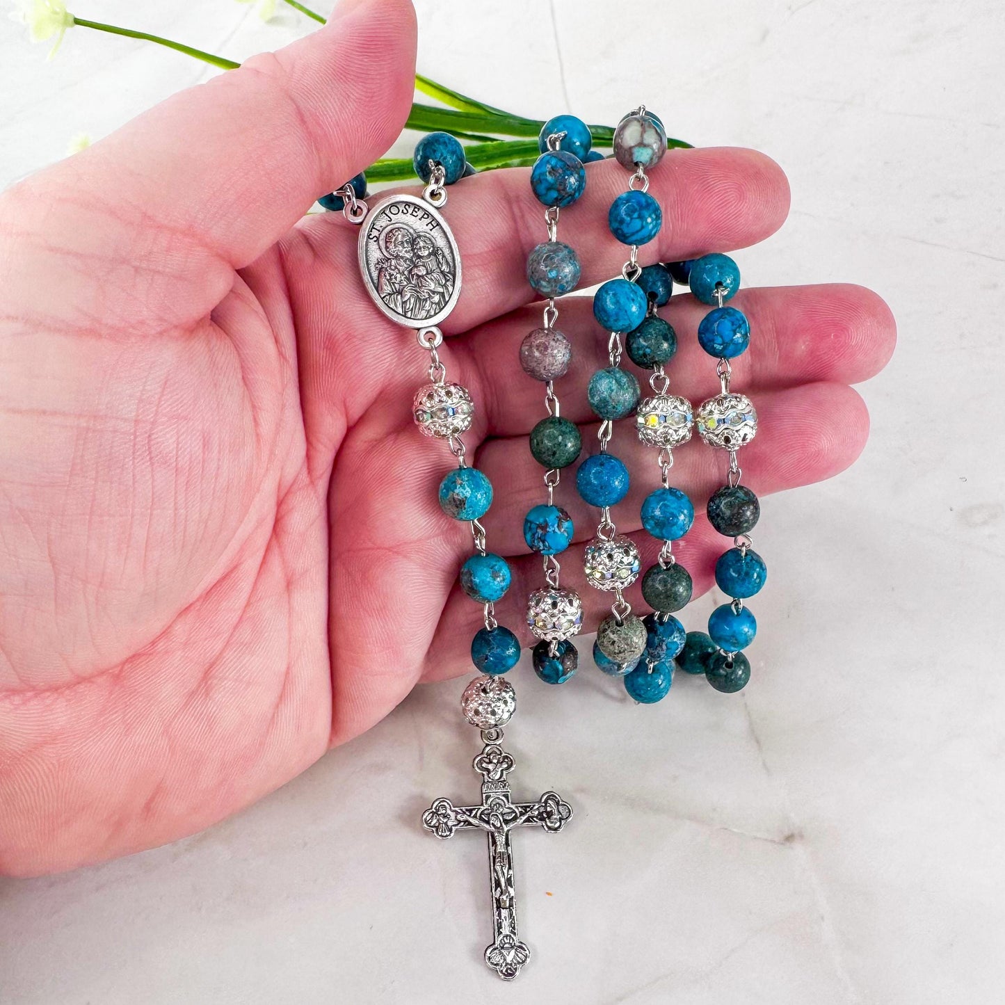 St Joseph Holy Family Turquoise Beaded Catholic Rosary