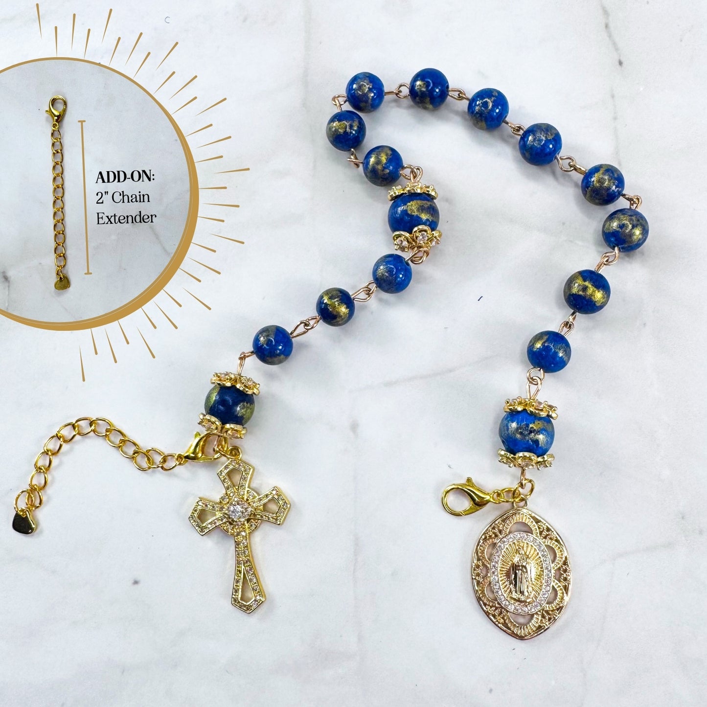 Luxury Catholic rosary bracelet handcrafted with natural Lapis Lazuli gemstone beads, a gold-tone cross with zirconia accents, and a Lady of Guadalupe medal. Adjustable beaded bracelet perfect for prayer, religious gifts, Confirmation, bridesmaid gifts, or everyday devotion. Made in Edmonton, AB, Canada.
