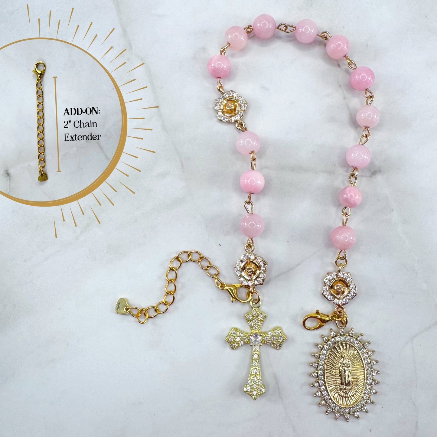 Luxury Catholic rosary bracelet handcrafted with natural rose quartz gemstone beads, a gold-tone cross with zirconia accents, and a Lady of Guadalupe medal. Adjustable beaded bracelet perfect for prayer, religious gifts, Confirmation, bridesmaid gifts, or everyday devotion. Made in Edmonton, AB, Canada.