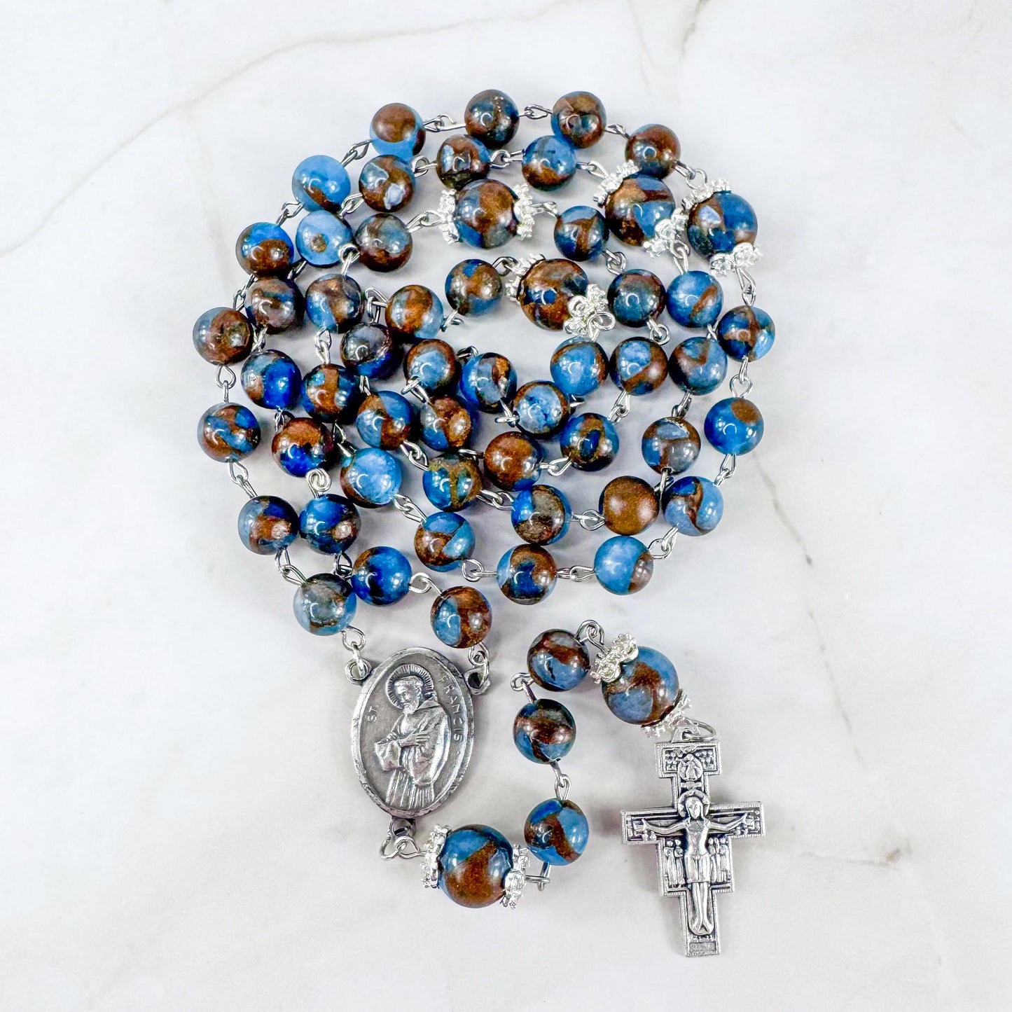 St Francis of Assisi Blue Cloisonne Jasper Beaded Rosary