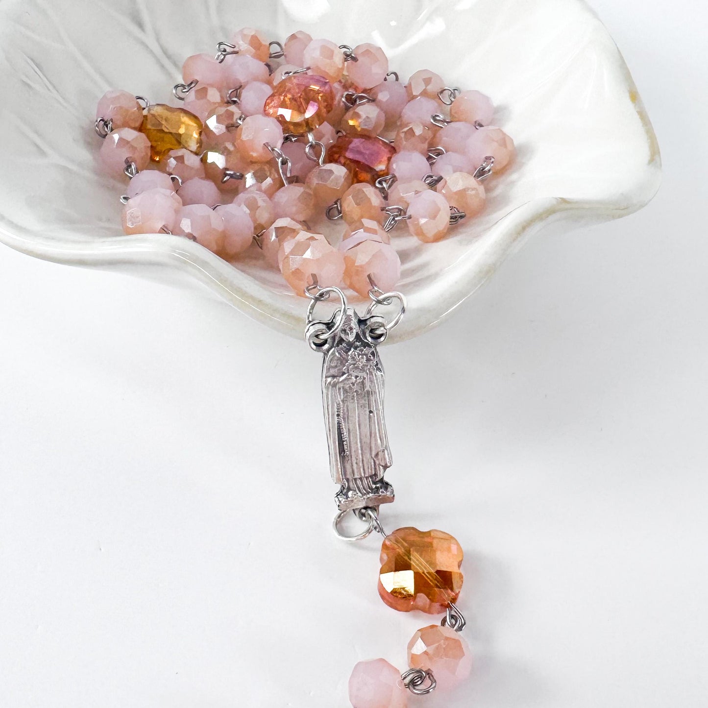 St Therese of Lisieux Devotional Rosary Set, Rose Crystal Beaded Necklace, Little Flower Catholic Stickers, Handmade Catholic Gifts for Her
