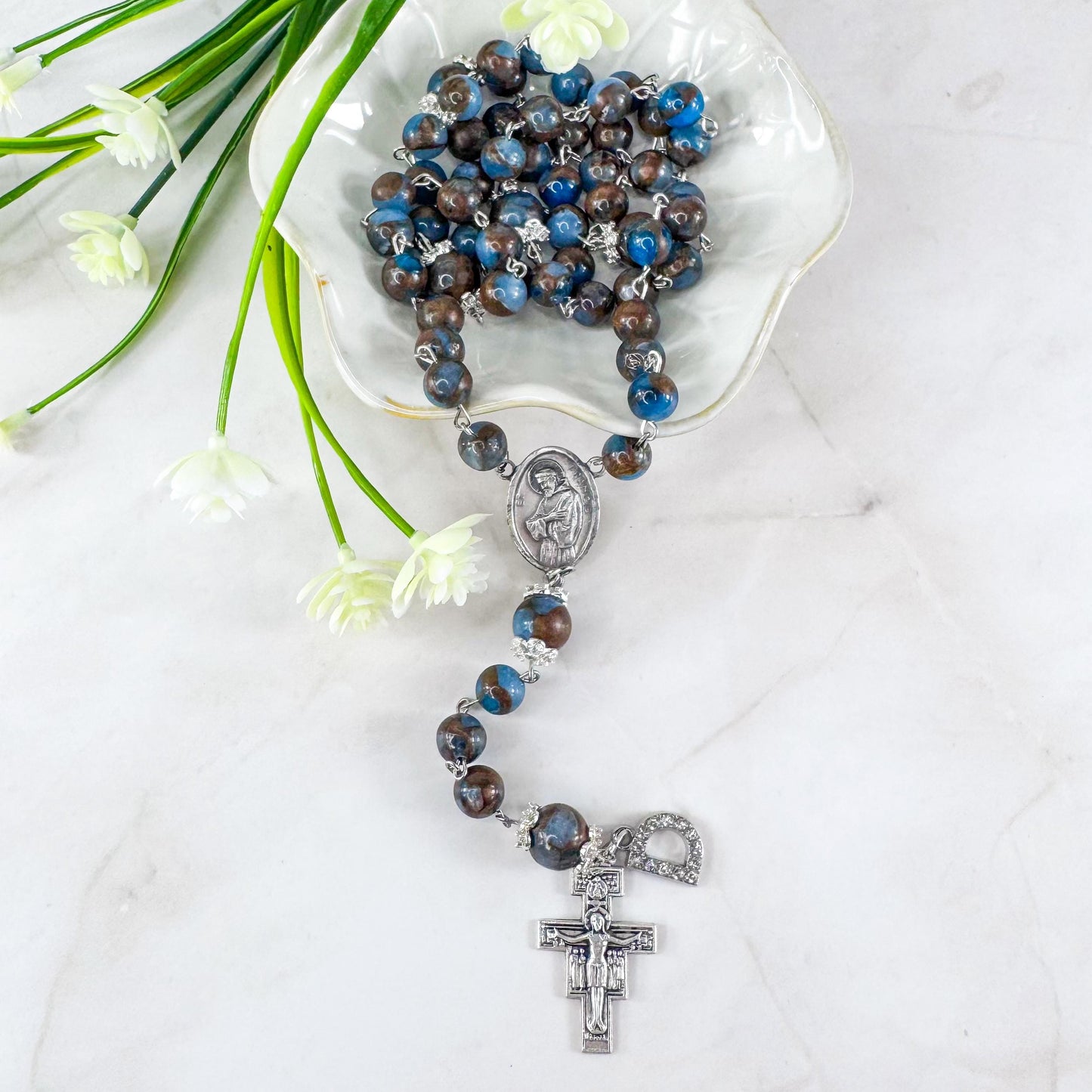 St Francis of Assisi Blue Cloisonne Jasper Beaded Rosary