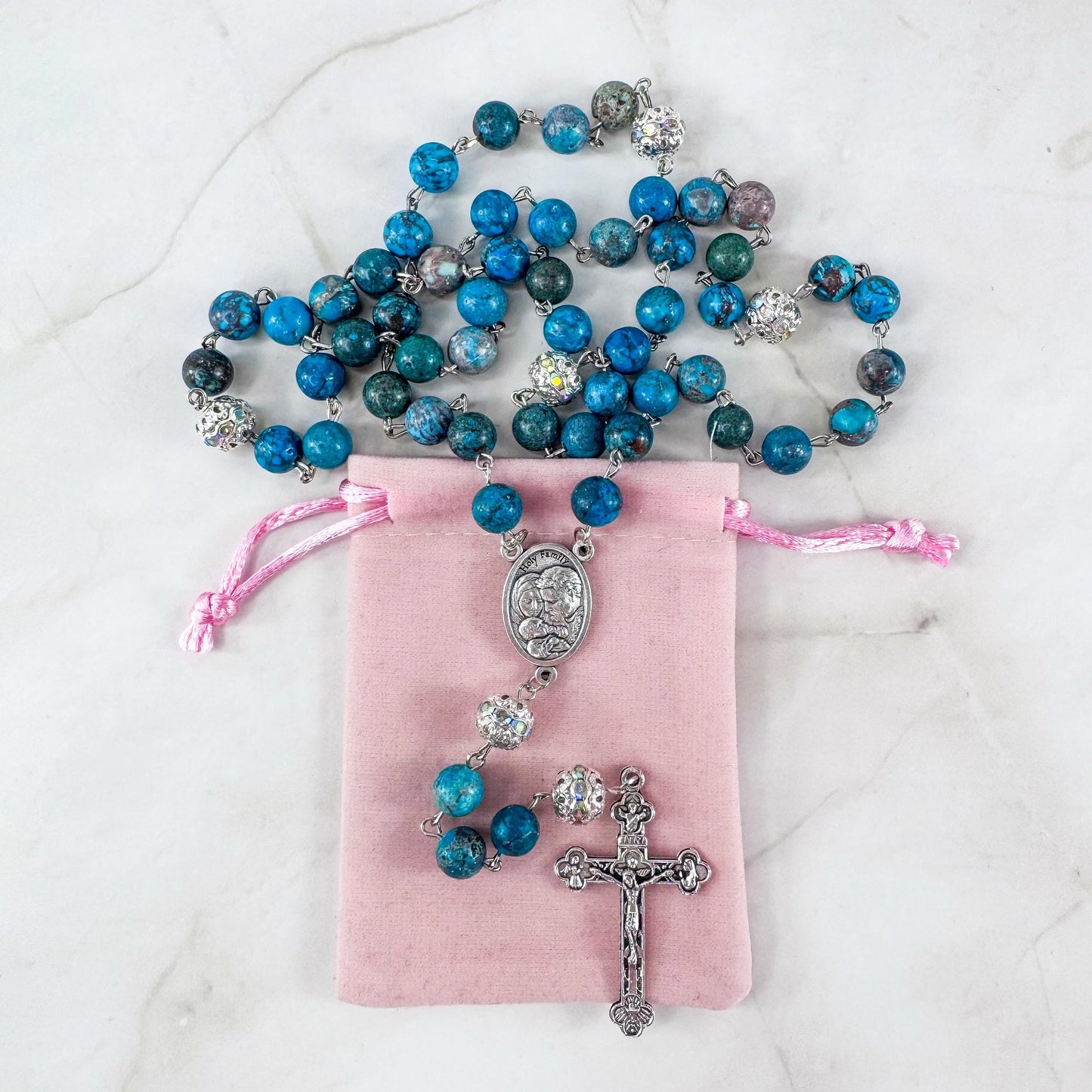 St Joseph Holy Family Turquoise Beaded Catholic Rosary