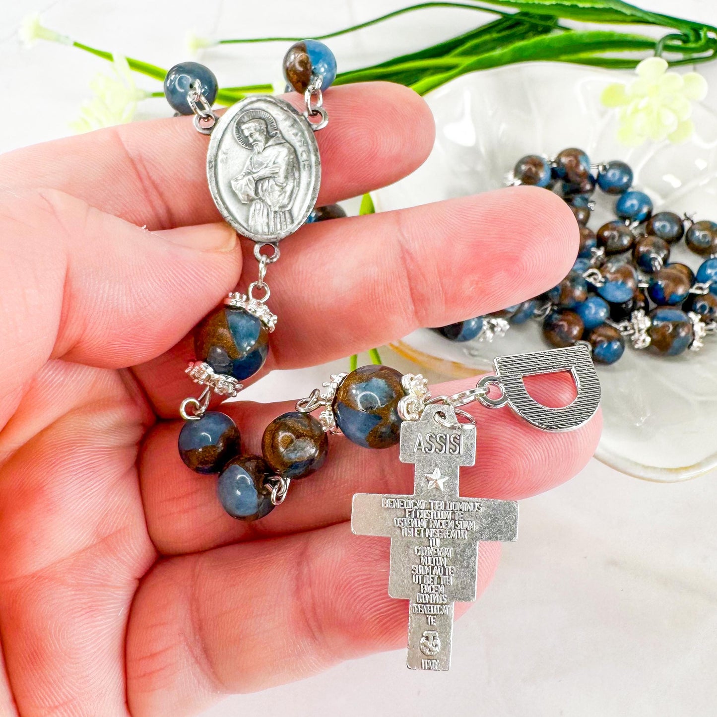 St Francis of Assisi Blue Cloisonne Jasper Beaded Rosary