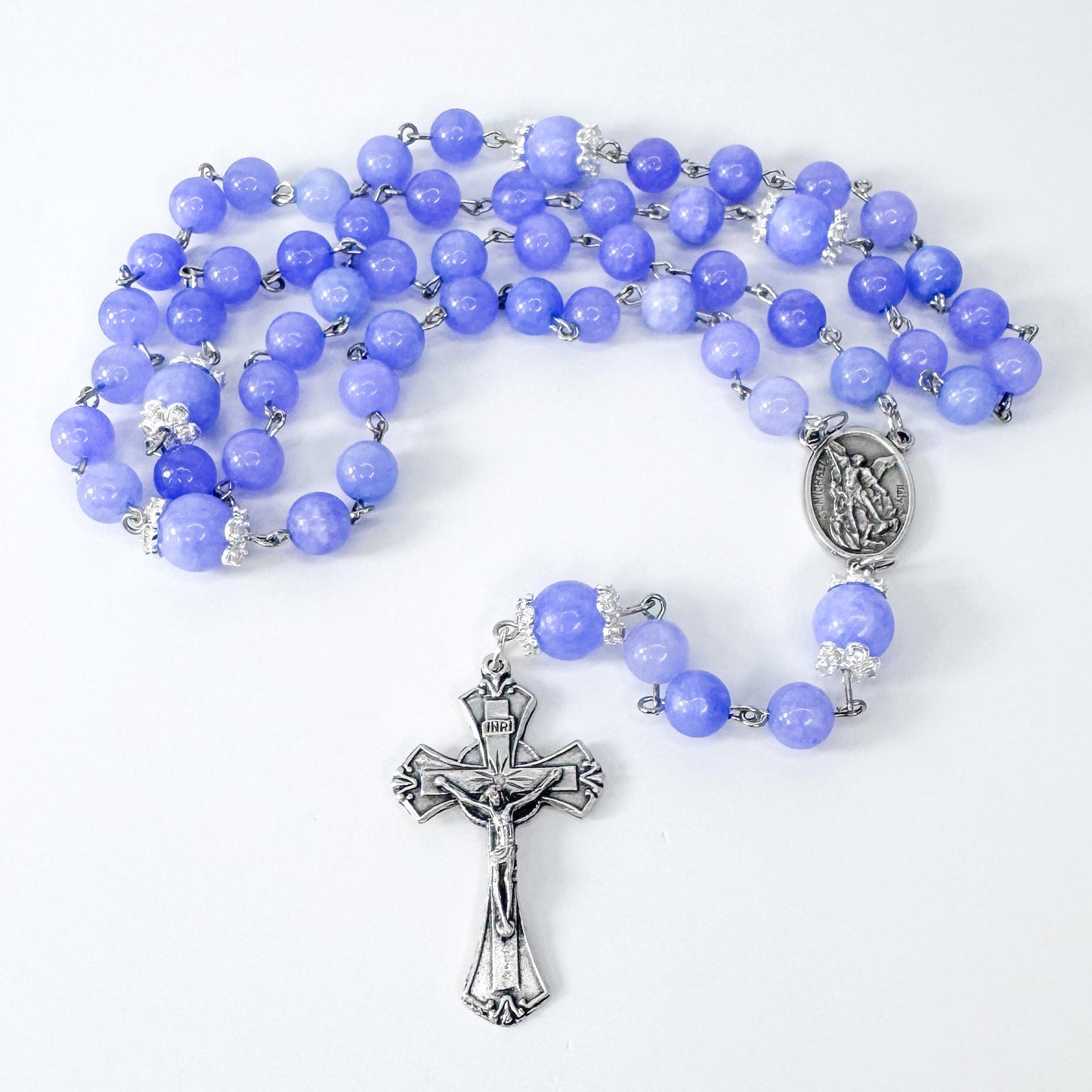 St. Michael the Archangel Blue Angelite Beaded Rosary