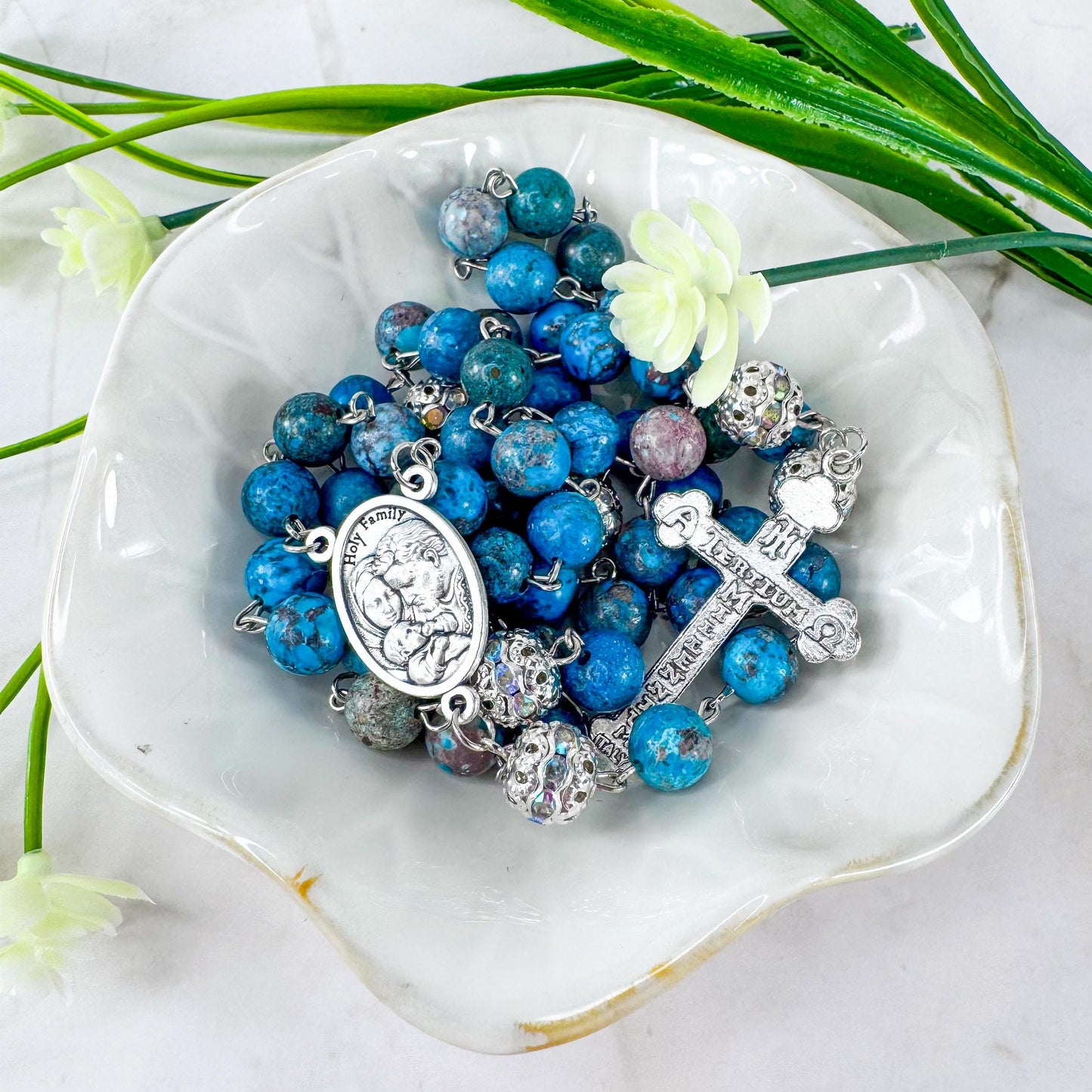 St Joseph Holy Family Turquoise Beaded Catholic Rosary