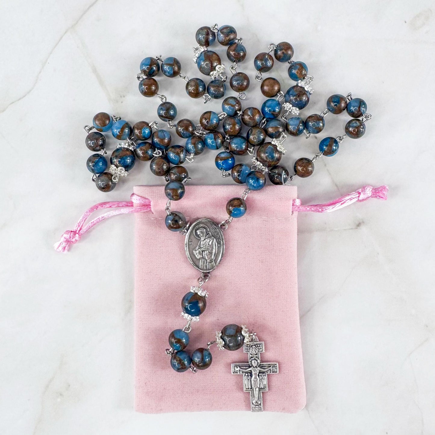 St Francis of Assisi Blue Cloisonne Jasper Beaded Rosary