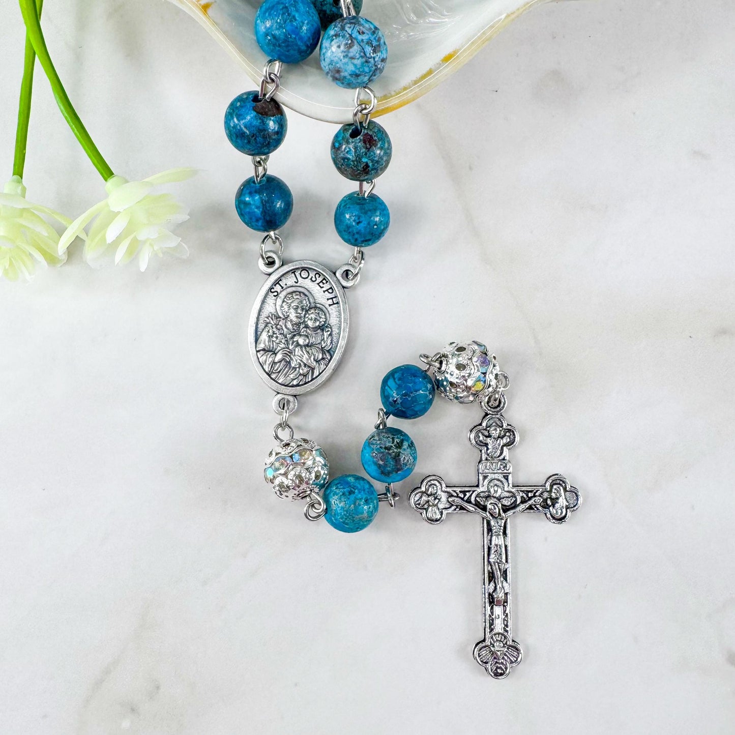St Joseph Holy Family Turquoise Beaded Catholic Rosary