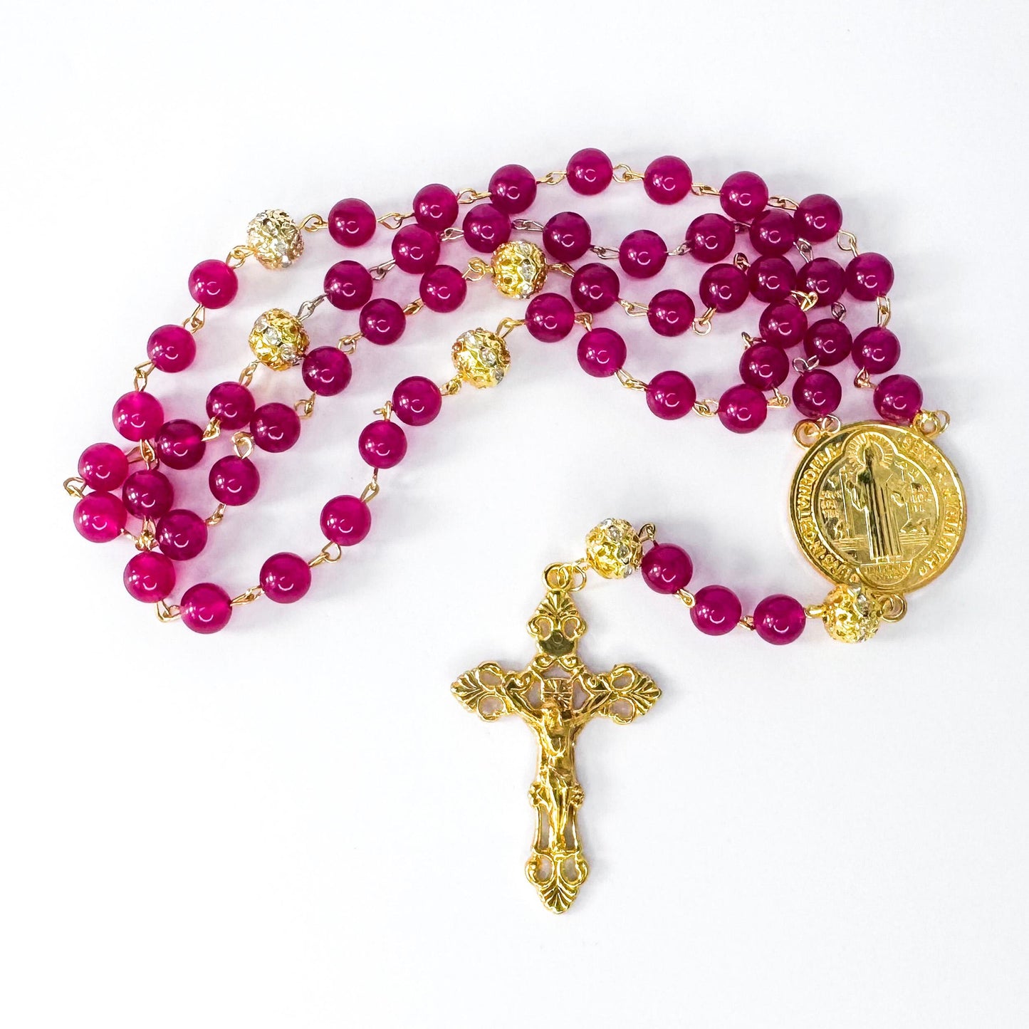 St Benedict Red Chalcedony Beaded Catholic Rosary