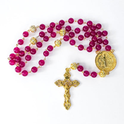 St Benedict Red Chalcedony Beaded Catholic Rosary