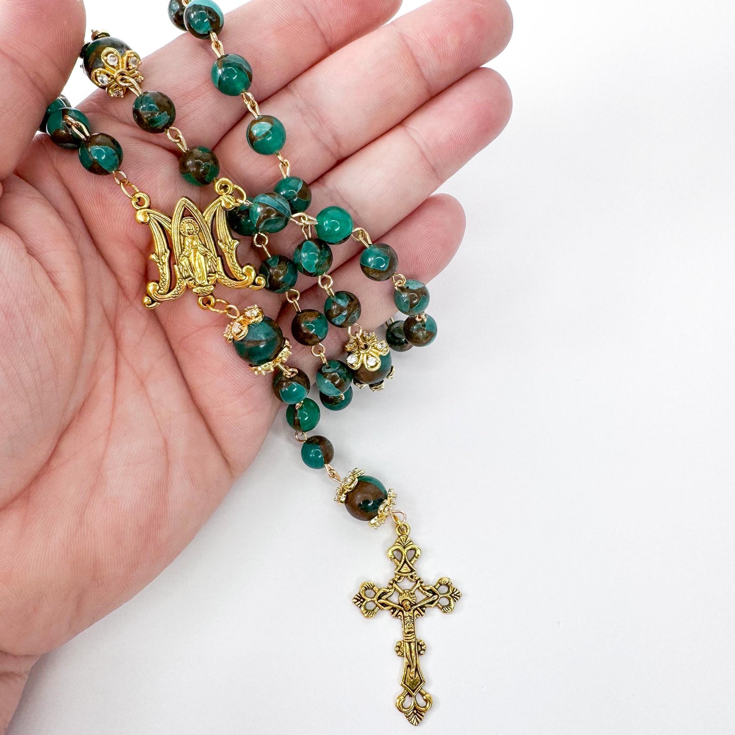 Miraculous Medal Green Cloisonne Jasper Beaded Rosary