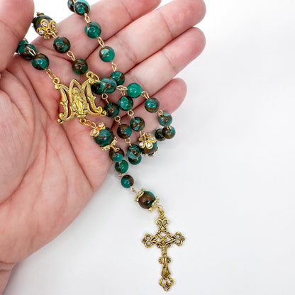 Miraculous Medal Green Cloisonne Jasper Beaded Rosary