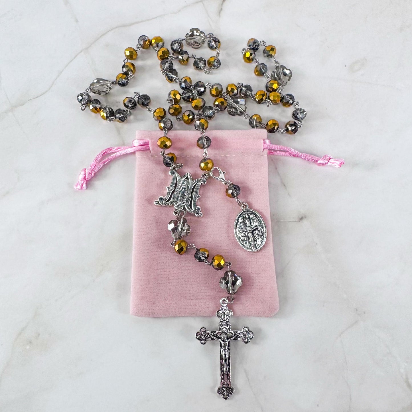 Catholic Rosary Gift Set –  Gold Crystal Beads, Miraculous Medal Centerpiece with Matching Four-Way Medal Marker, RCIA Gifts for Adults
