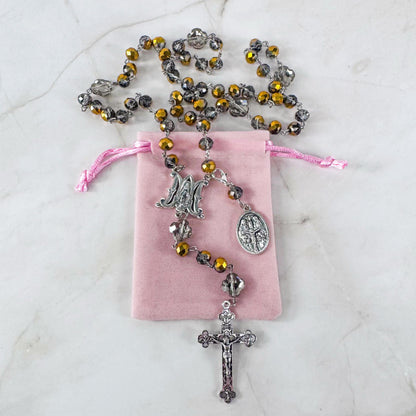 Catholic Rosary Gift Set –  Gold Crystal Beads, Miraculous Medal Centerpiece with Matching Four-Way Medal Marker, RCIA Gifts for Adults