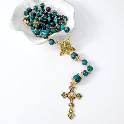 Miraculous Medal Green Cloisonne Jasper Beaded Rosary