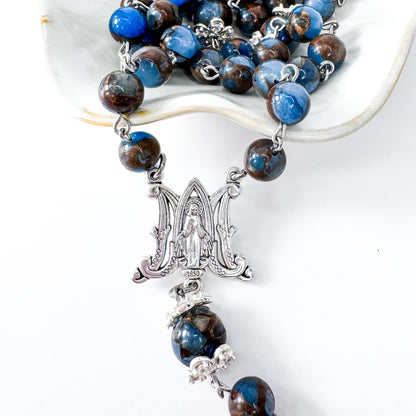 Miraculous Medal Blue Lake Cloisonne Jasper Catholic Rosary