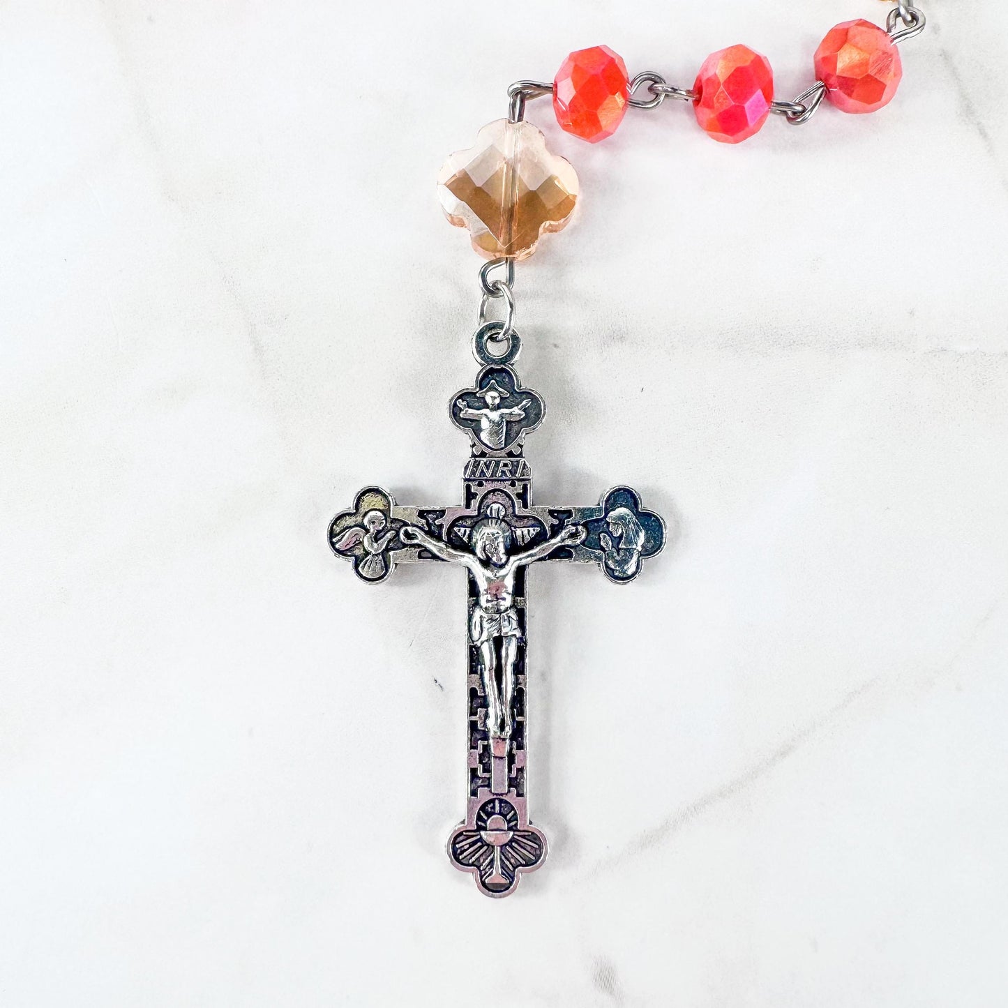 Catholic Rosary Gift Set – Coral Red Crystal Beads, Miraculous Medal Centerpiece with Matching Four-Way Medal Marker, RCIA Gifts for Adults