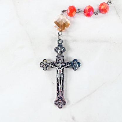 Catholic Rosary Gift Set – Coral Red Crystal Beads, Miraculous Medal Centerpiece with Matching Four-Way Medal Marker, RCIA Gifts for Adults