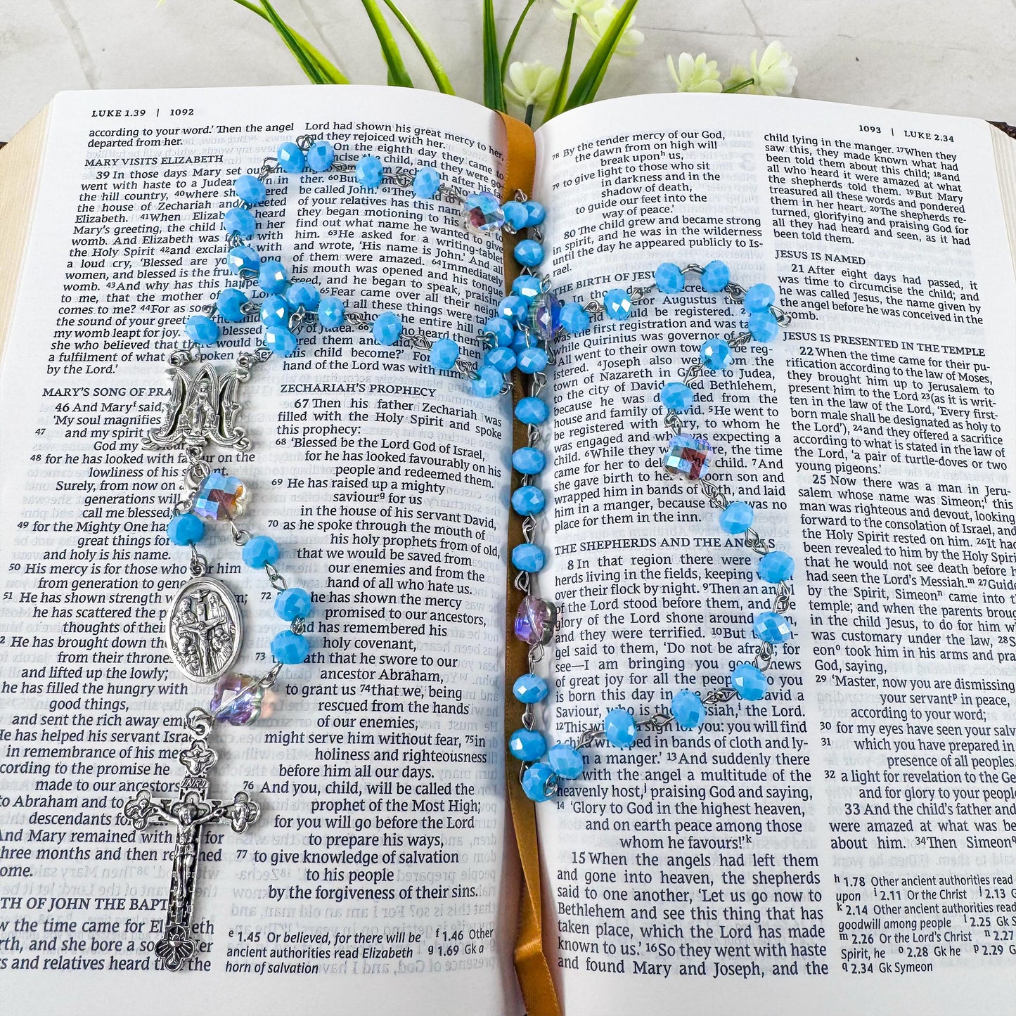 Catholic Rosary Gift Set – Light Blue Crystal Beads, Miraculous Medal Centerpiece with Matching Four-Way Medal Marker, RCIA Gifts for Adults