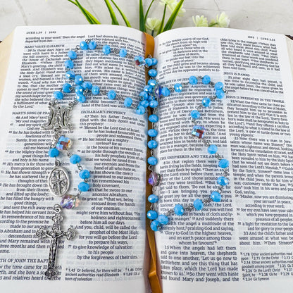 Catholic Rosary Gift Set – Light Blue Crystal Beads, Miraculous Medal Centerpiece with Matching Four-Way Medal Marker, RCIA Gifts for Adults