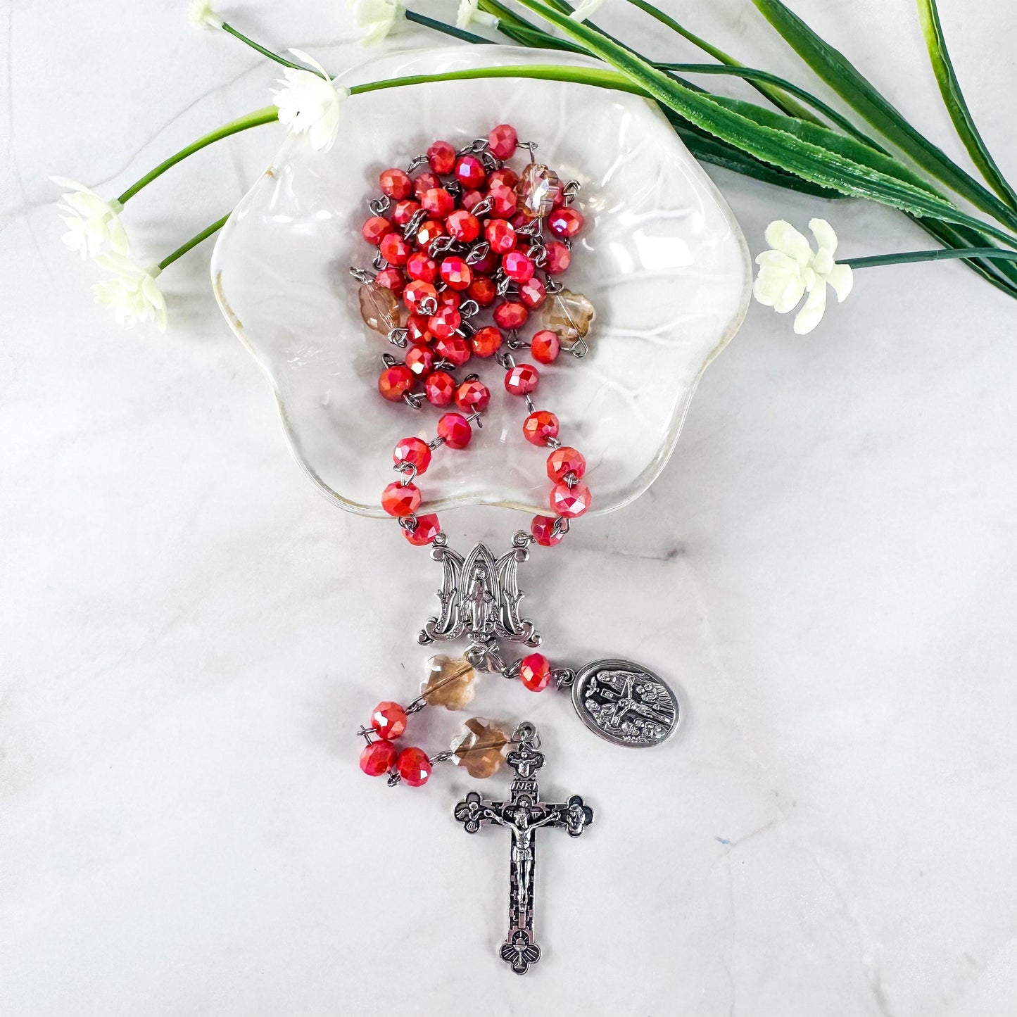Catholic Rosary Gift Set – Coral Red Crystal Beads, Miraculous Medal Centerpiece with Matching Four-Way Medal Marker, RCIA Gifts for Adults