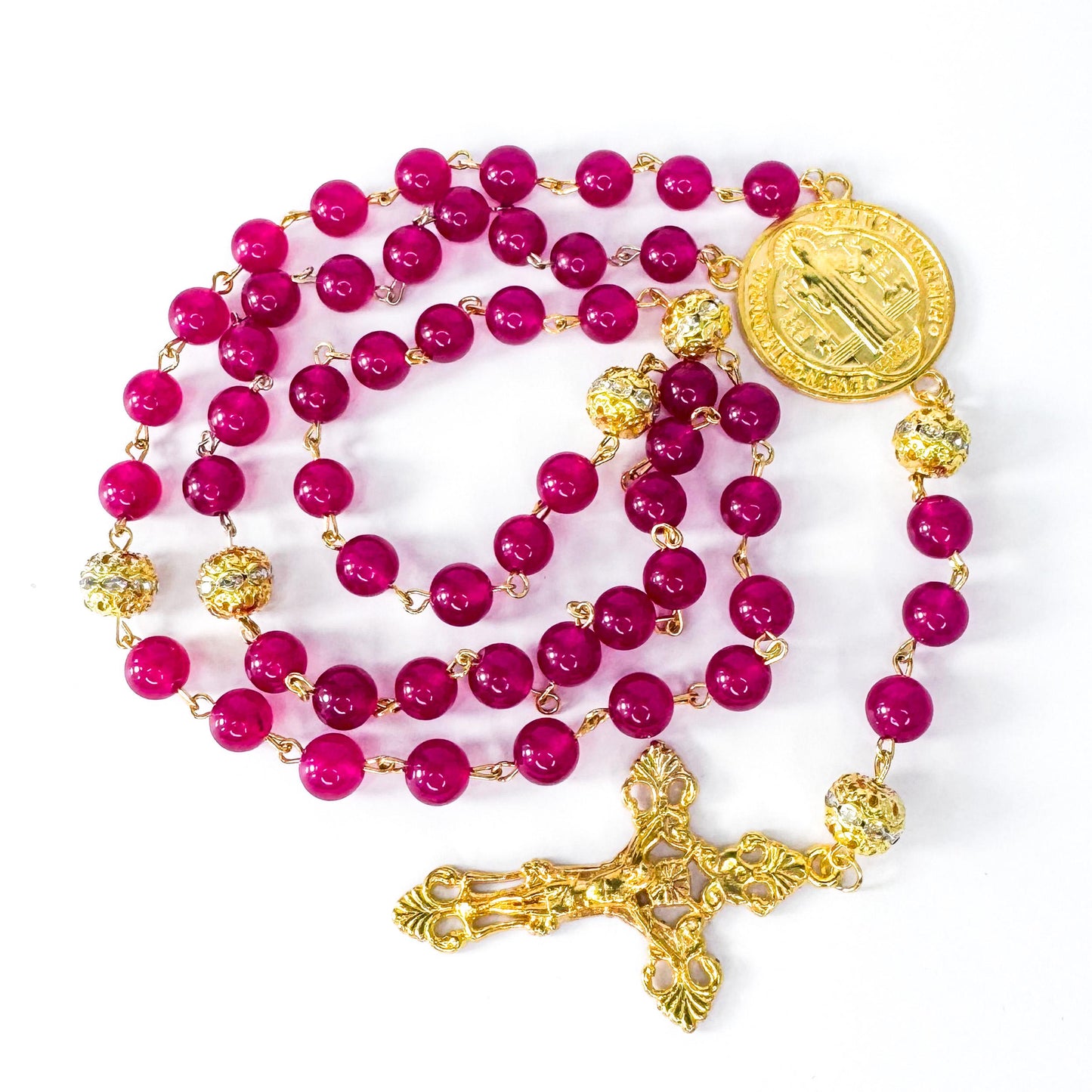 St Benedict Red Chalcedony Beaded Catholic Rosary