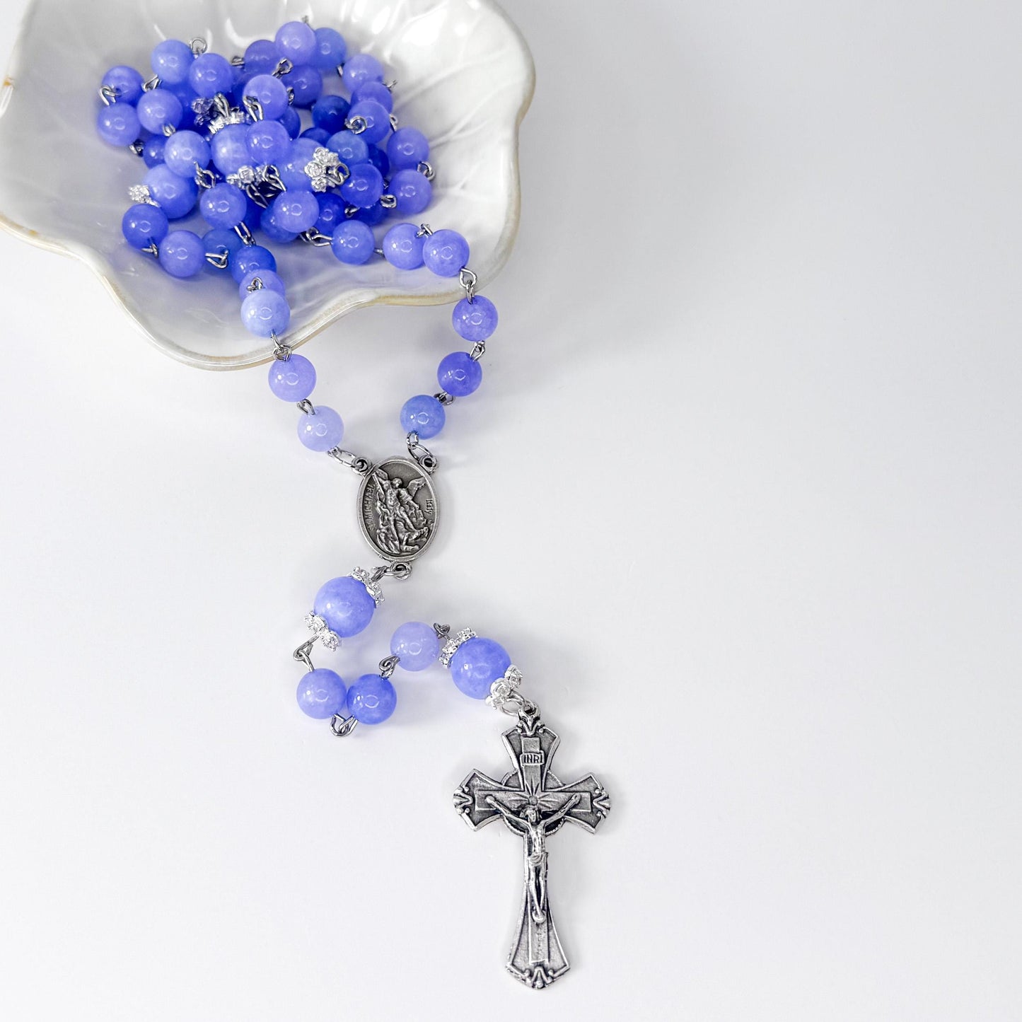 St. Michael the Archangel Blue Angelite Beaded Rosary