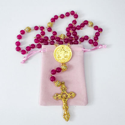 St Benedict Red Chalcedony Beaded Catholic Rosary