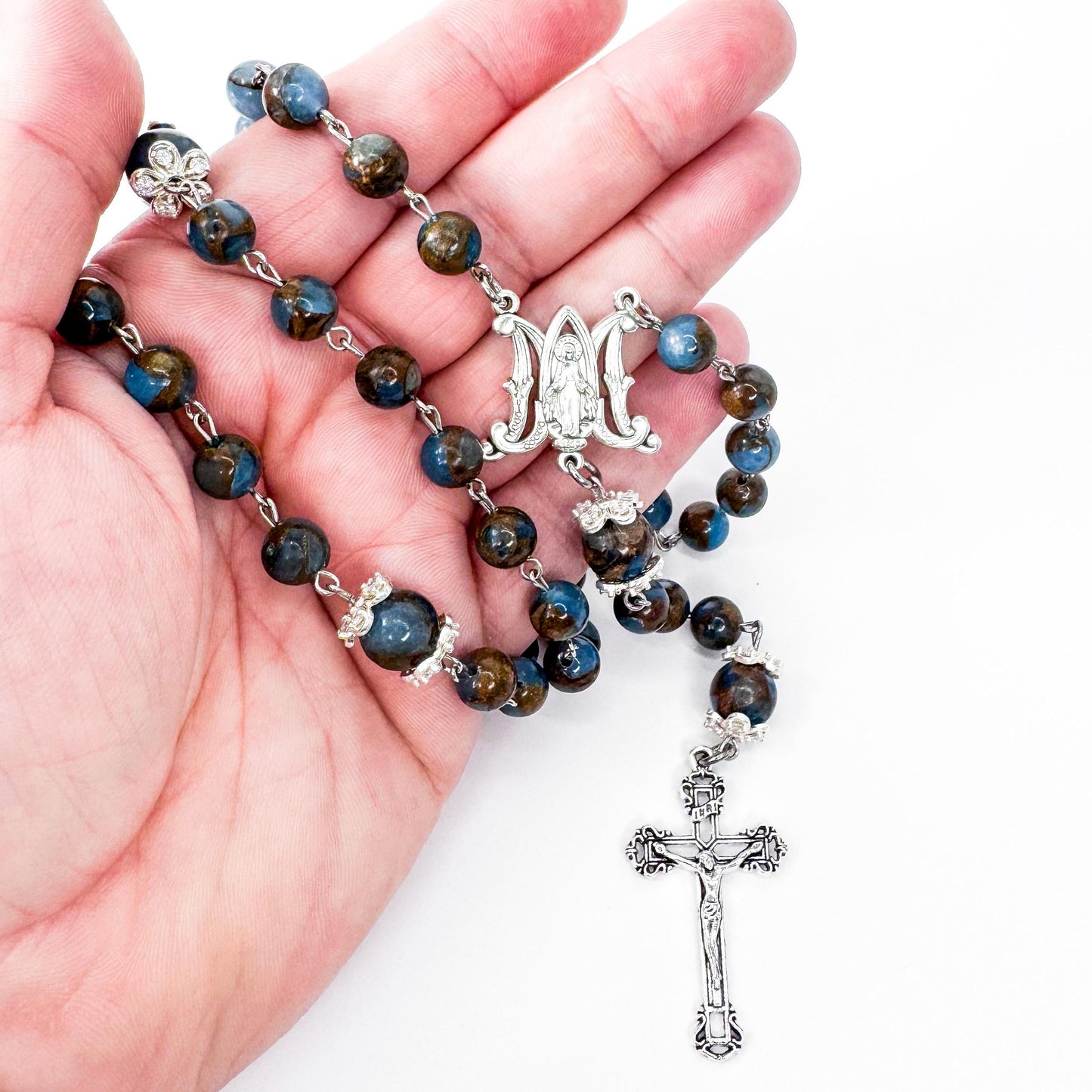 Miraculous Medal Blue Lake Cloisonne Jasper Catholic Rosary