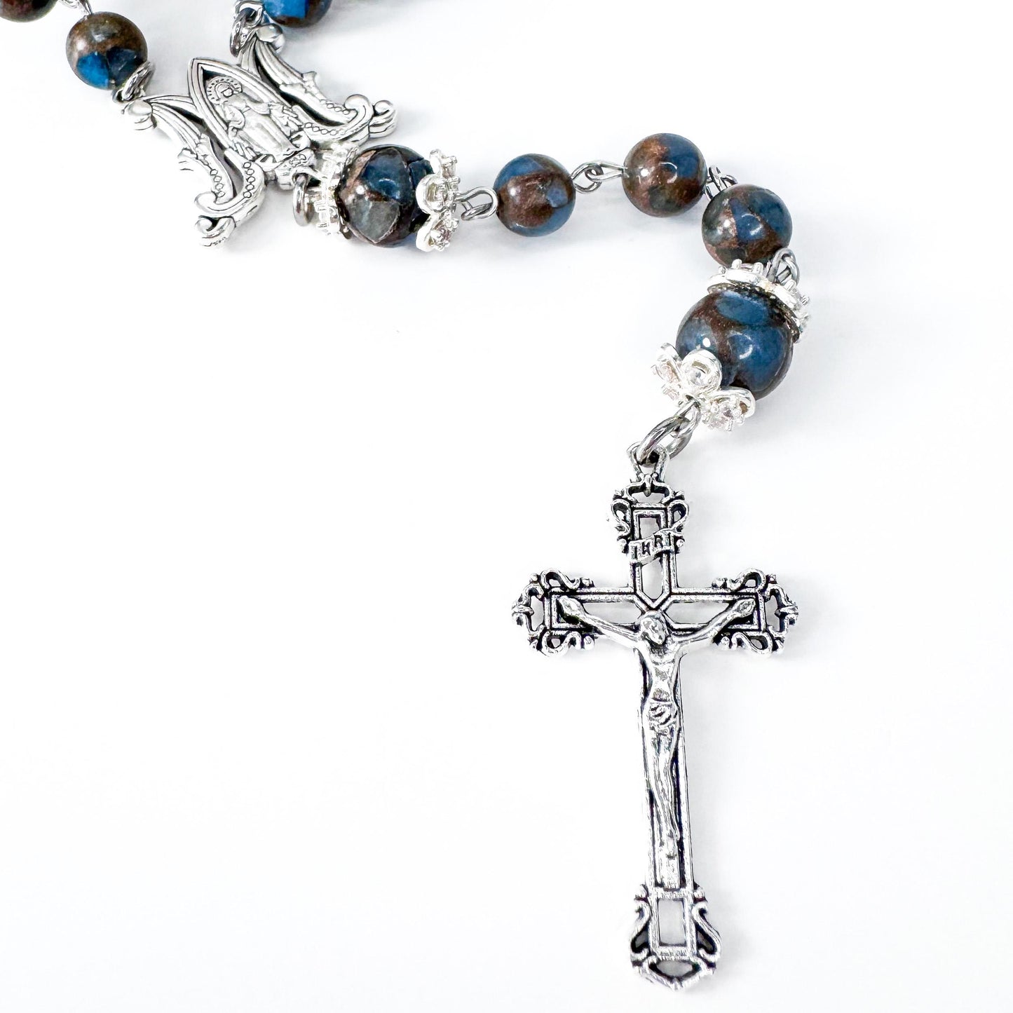 Miraculous Medal Blue Lake Cloisonne Jasper Catholic Rosary