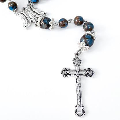 Miraculous Medal Blue Lake Cloisonne Jasper Catholic Rosary