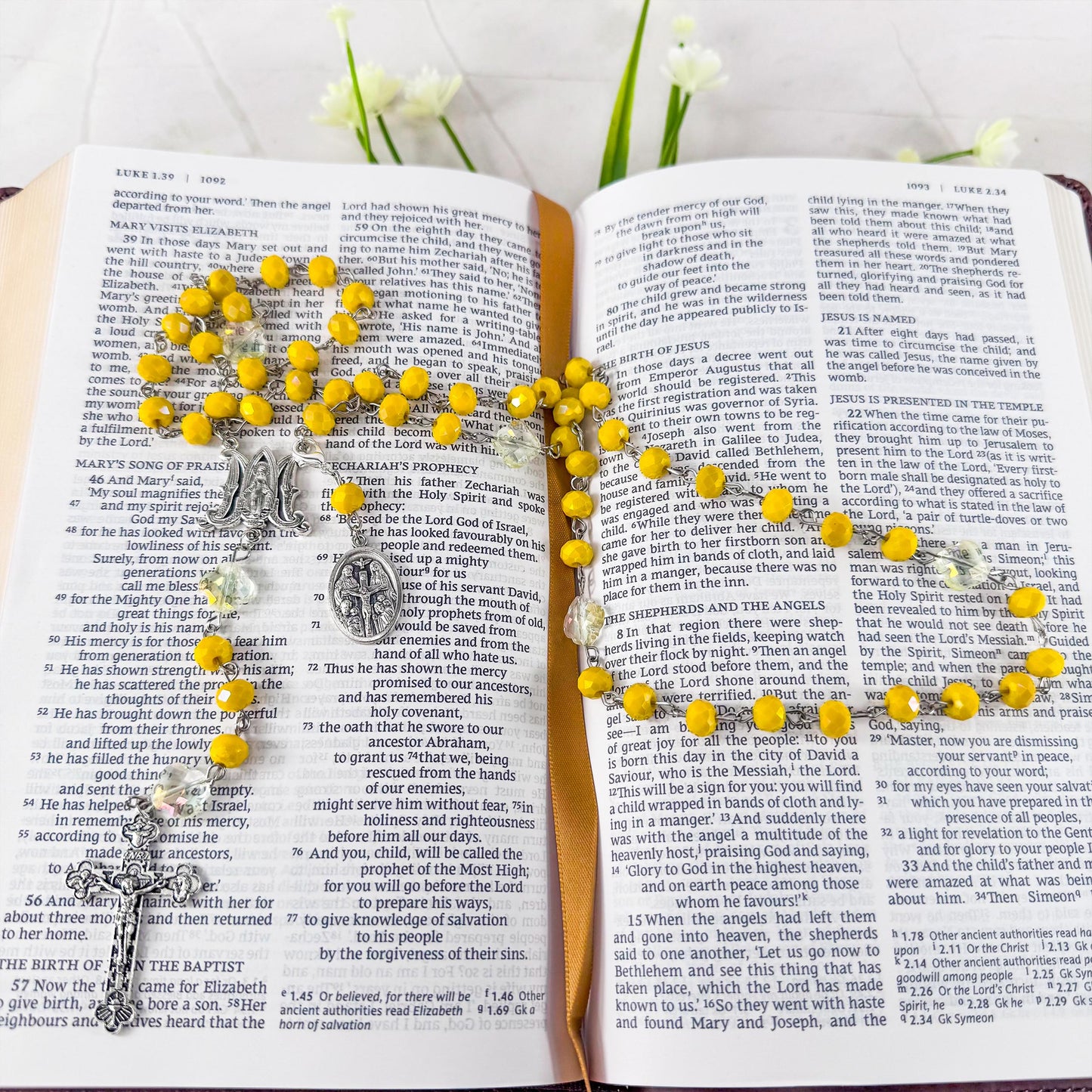Catholic Rosary Gift Set – Yellow Crystal Beads, Miraculous Medal Centerpiece with Matching Four-Way Medal Marker, RCIA Gifts for Adults