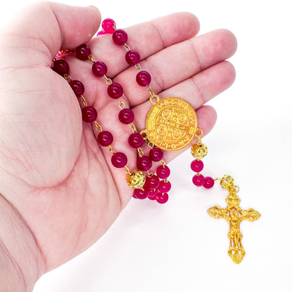 St Benedict Red Chalcedony Beaded Catholic Rosary