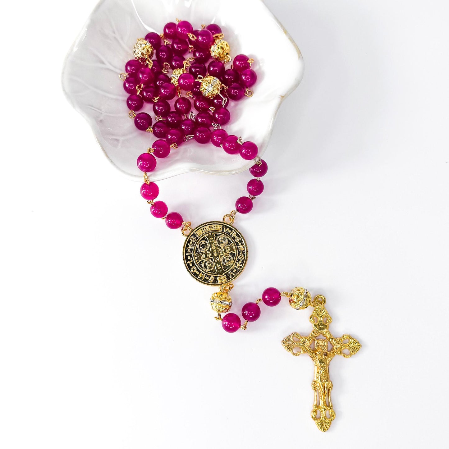 St Benedict Red Chalcedony Beaded Catholic Rosary