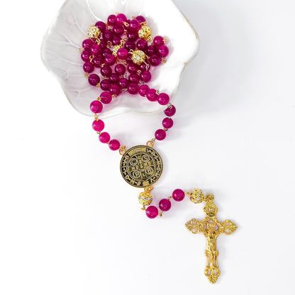 St Benedict Red Chalcedony Beaded Catholic Rosary