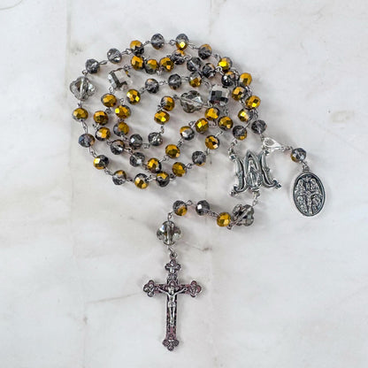 Catholic Rosary Gift Set –  Gold Crystal Beads, Miraculous Medal Centerpiece with Matching Four-Way Medal Marker, RCIA Gifts for Adults