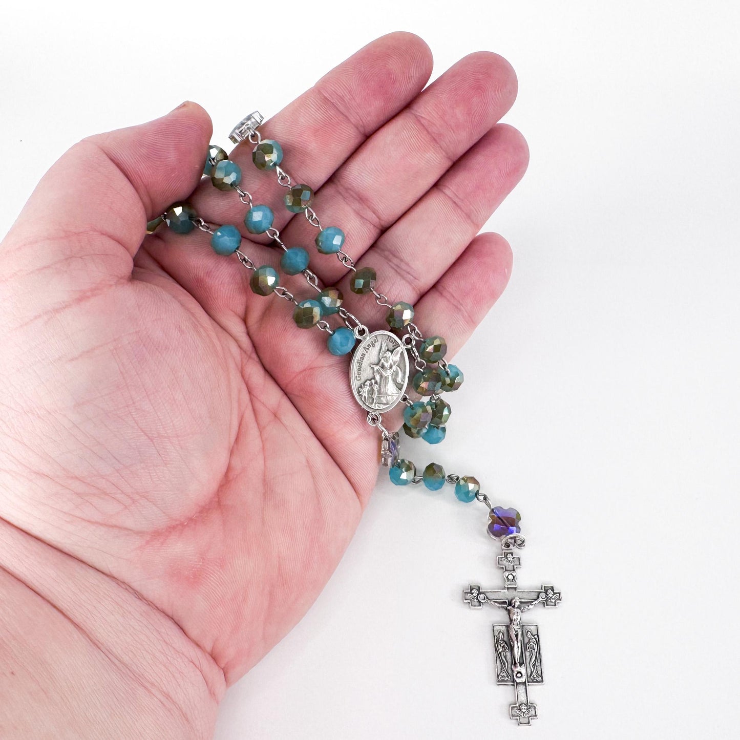 St Michael & Guardian Angel Iridescent Lake Blue Crystal Rosary