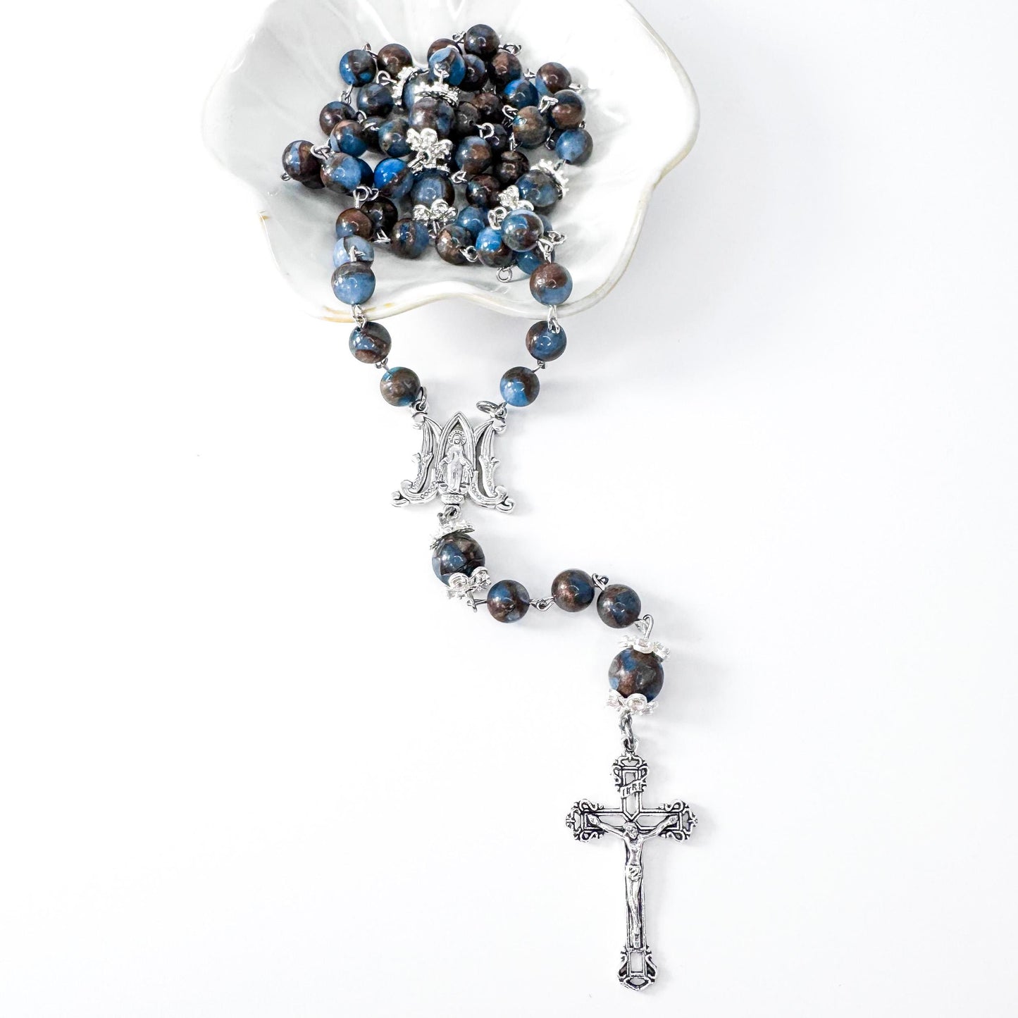 Miraculous Medal Blue Lake Cloisonne Jasper Catholic Rosary